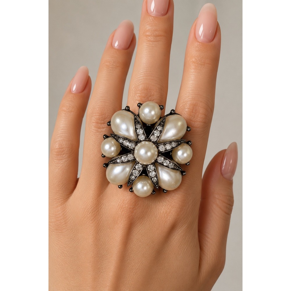Charlotte Russe Pearl Flower Statement Ring - Ivory Pearls with Crystal Accents